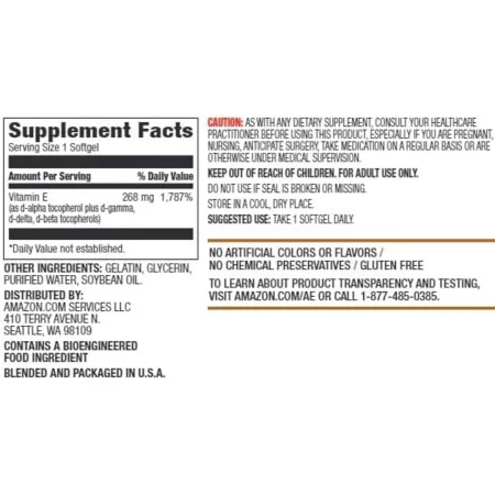 Amazon Elements Vitamina E, 400 UI, 100 cápsulas blandas, 100 días de suministro (el embalaje puede variar)