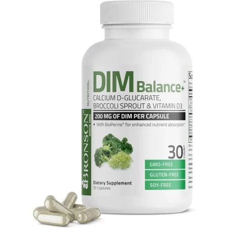 Bronson DIM Balance+ D-glucarato de calcio, brotes de brócoli y vitamina D3 200 mg de DIM por cápsula apoya el metabolismo de estrógeno y los niveles hormonales equilibrados sin OMG, 30 cápsulas