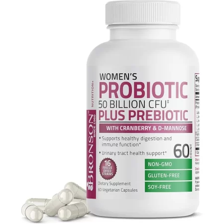 Bronson Probiótico para mujer 50 mil millones de UFC + prebiótico con arándano y D-manosa – Salud vaginal, digestión saludable, función inmune y apoyo del tracto urinario, sin OMG, 60 cápsulas