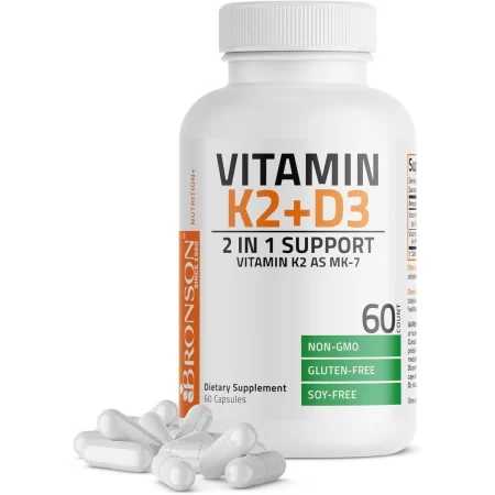 Bronson Suplemento de vitamina K2 D3 (MK7) Fórmula sin OMG Vitamina D3 5000IU (125 mcg) y 90 mcg K2 MK-7, complejo D y K fácil de tragar, 60 cápsulas