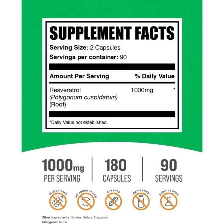 BulkSupplements. Com Resveratrol Cápsulas – Suplemento de resveratrol, suplemento antioxidante, resveratrol 1000mg – Sin gluten, 2 cápsulas por porción, 180 unidades (paquete de 1)