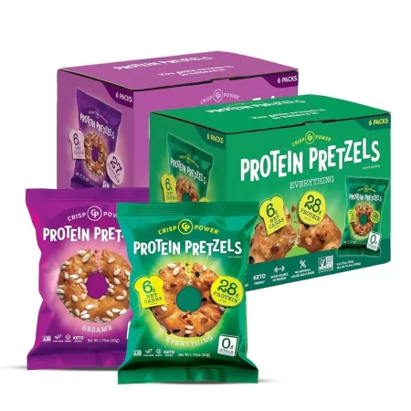 Crisp Power Patatas fritas de pretzel con alto contenido de proteínas, (paquete de 6 unidades de 1.75 onzas Everything + 6 paquetes x 1.75 oz de sésamo) Snack a base de plantas. Sin azúcar, 0.99 oz