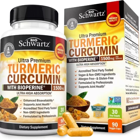 Curcumina de cúrcuma con BioPerine 1500 mg – Apoyo inflamatorio saludable y articular natural con 95% de curcuminoides estandarizados para potencia y absorción, cápsulas sin OMG, sin gluten con pimienta negra