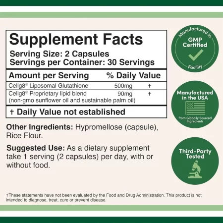 Double Wood – Suplemento de glutatión liposomal de 500 mg por porción, 60 cápsulas (vegano seguro, sin OGM)