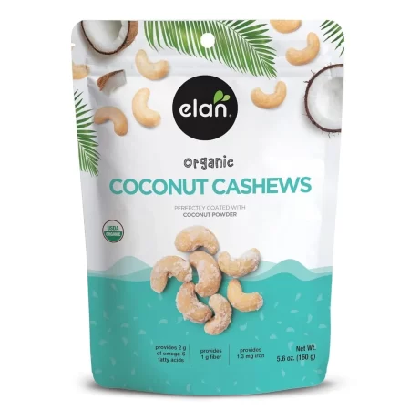 Elan Anacardos de coco orgánicos, 5.6 onzas, sin OMG, sin gluten, veganos, kosher, nueces glaseadas (anacardos tostados, leche de coco en polvo, sal rosa del Himalaya)