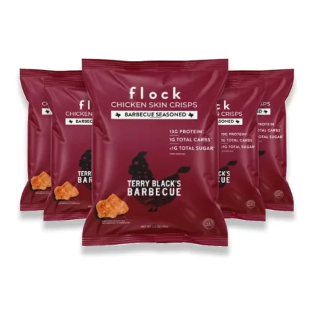 Flock Chips de piel de pollo keto | Sabor a barbacoa de Terry Black | Pieles de pollo fritas bajas en carbohidratos, altas en proteínas, sin azúcar, sin gluten para personas | (2.5 onzas) paquete de 4