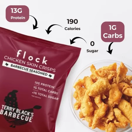 Flock Chips de piel de pollo keto | Sabor a barbacoa de Terry Black | Pieles de pollo fritas bajas en carbohidratos, altas en proteínas, sin azúcar, sin gluten para personas | (2.5 onzas) paquete de 4