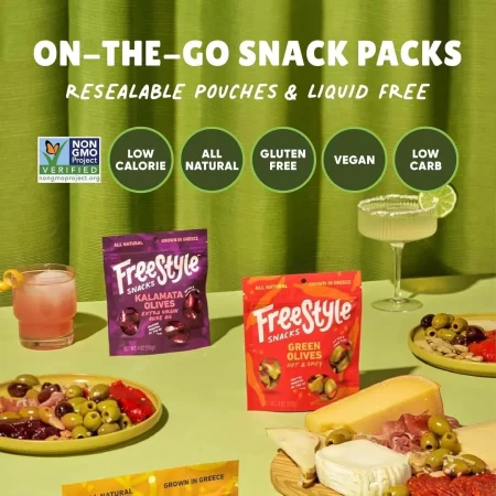 Freestyle Snacks Paquetes de aperitivos de oliva, aceitunas verdes frescas sin hueso, tamaño gigante, cultivadas en Grecia, totalmente naturales, sin OMG, paleo, sin azúcar, aperitivos keto