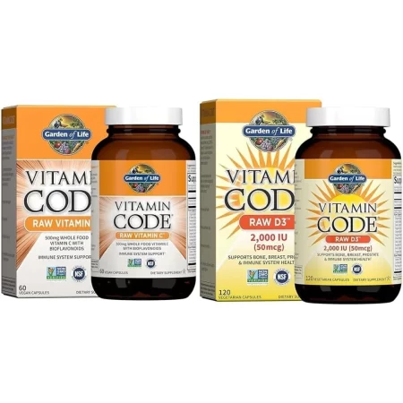 Garden of Life Vitamin Code Raw Vitamina C – 60 cápsulas, 500 mg de alimentos integrales Vitamina C y D3 – Código de Vitamina Integral Alimentos D3 crudos Suplemento de vitamina D3, 2000 UI