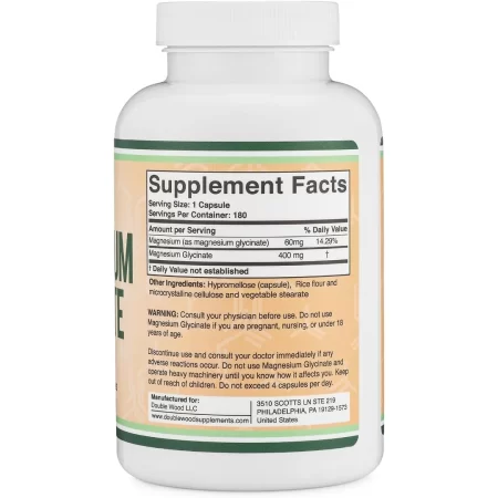 Glicinato de magnesio 400 mg, 180 cápsulas (veganas seguras, fabricadas y probadas por terceros en los Estados Unidos, sin gluten, sin OMG)