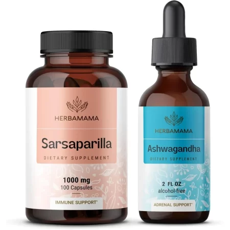 HERBAMAMA Kit de sarsaparilla y ashwagandha – Paquete de 1000 mg de cápsulas de raíz de zarzaparrilla y tintura de raíz de ashwagandha 2 onzas líquidas