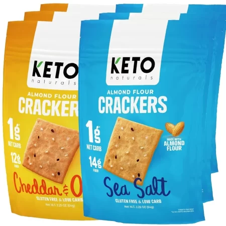 Keto Crackers galletas bajas en carbohidratos (sal marina y queso cheddar y cebolla) Apto para dieta cetogénica, sin azúcar añadido, sin gluten (6 paquetes), galletas de harina de almendras