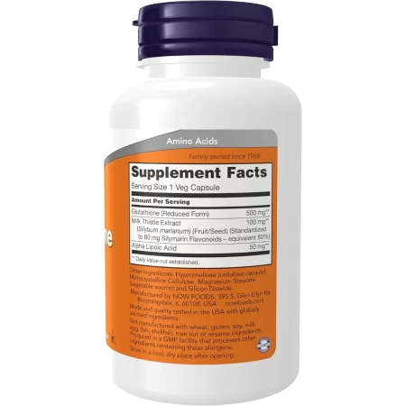 NOW Suplementos, Glutatión 500 mg, con extracto de cardo mariano y ácido alfa lipoico, neutralizador de radicales libres*, 60 cápsulas vegetales