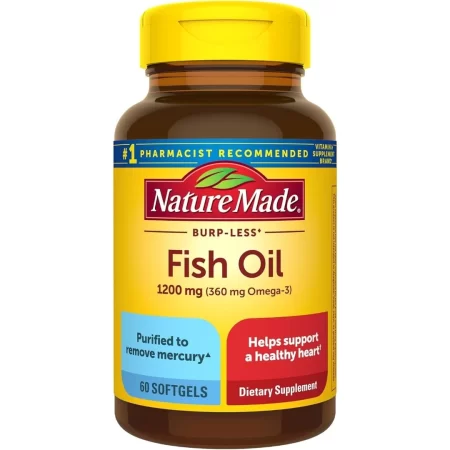 Nature Made Eructar menos suplementos de aceite de pescado Omega 3, 1200 mg de cápsulas blandas, suplementos de aceite de pescado EPA DHA Omega 3 para un apoyo cardíaco saludable, 60 cápsulas blandas