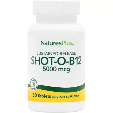 Natures Plus Shot-O-B12 (metilcobalamina), liberación sostenida, 5000 mcg, 60 tabletas vegetarianas