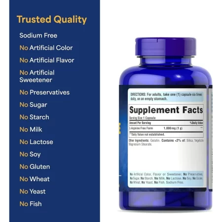 Puritan’s Pride L-arginina 1000 mg cápsulas, 100 unidades, blanco