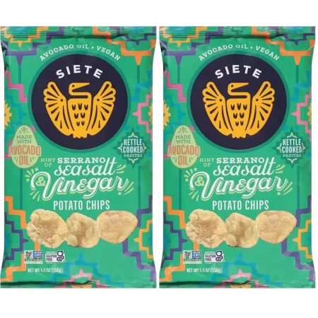 Siete Family Foods – Sal marina y vinagre con papas fritas serranas, bolsa de 5.5 onzas (paquete de 2)