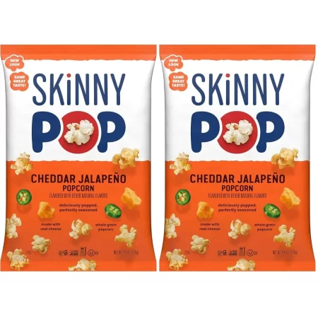 SkinnyPop Cheddar Jalapeño, bolsas de 4.4 onzas para comestibles, Skinny Pop, bocadillos saludables de palomitas de maíz, sin gluten (paquete de 2)