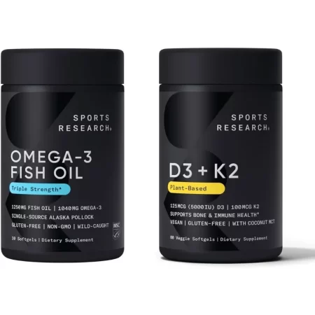 Sports Research Aceite de pescado Omega 3 Triple Strength 1250mg EPA y DHA de Wild Alaska Pollock Burpless Suplemento de origen sostenible y vitamina D3 K2 con aceite de coco a base de plantas