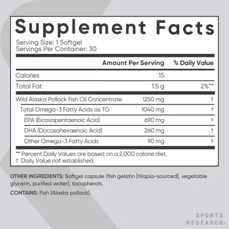 Sports Research Aceite de pescado Omega 3 Triple Strength 1250mg EPA y DHA de Wild Alaska Pollock Burpless Suplemento de origen sostenible y vitamina D3 K2 con aceite de coco a base de plantas