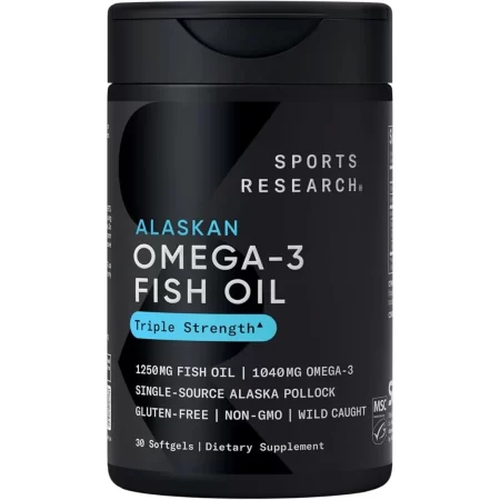 Sports Research Aceite de pescado Omega 3 Triple Strength de 1250 mg de Wild Alaska Pollock – Suplemento de aceite de pescado sin eructos con Omega3s EPA y DHA – De origen sostenible, sin OMG, sin