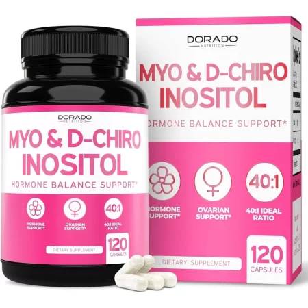 Suplemento de mio-inositol y D-Chiro inositol para mujeres (120 cápsulas, 2050 mg por porción ideal 40:1 de mio-inositol) equilibrio hormonal para mujeres, probado por terceros, vegano seguro