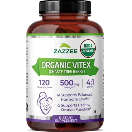 Zazzee USDA Organic Vitex, 500 mg de fuerza, 120 cápsulas veganas, suministro para 4 meses, Kosher, extracto 4X estandarizado y concentrado, bayas castitas orgánicas completas certificadas por USDA